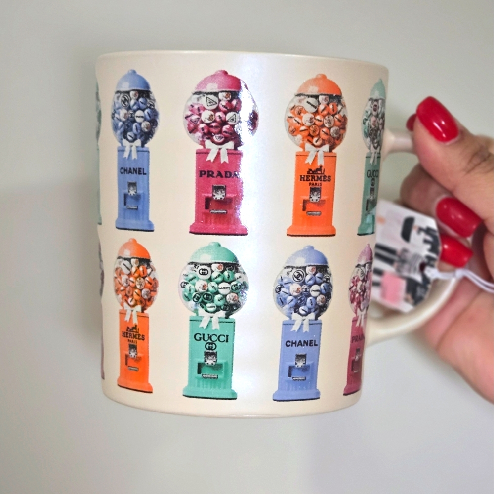 NWT white mug, gum ball machines designer names printed on, ceramic - Picture 1 of 4